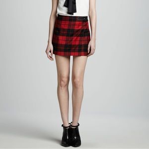 Alice + Olivia Weston Red and Black Plaid Faux-Wrap Miniskirt Size 0